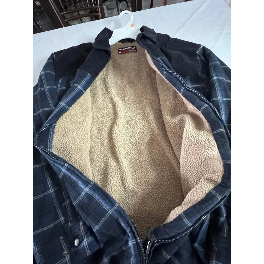 Wolverine Mens XL‎ Sherpa Lined Flannel Jacket Blue Plaid Corduroy Yoke Zip Up
